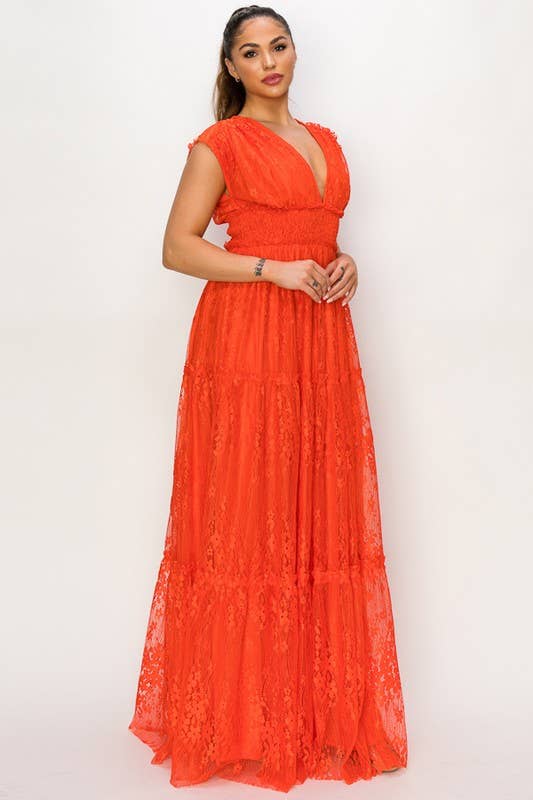 Miss Avenue - Vente Robe – femme - Robe longue volantée à col en V et à manches courtes en dentelle DM31073