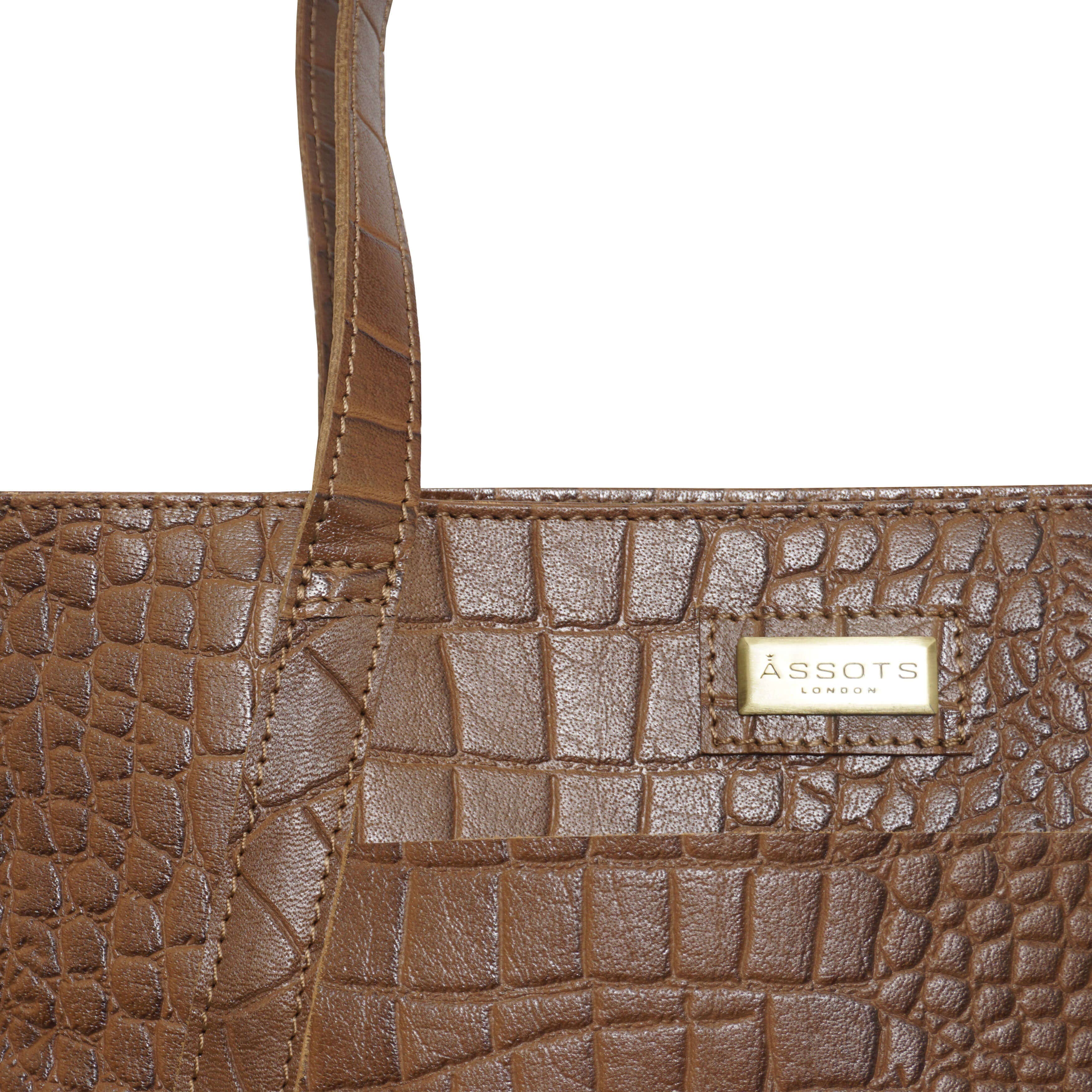 Assots London - Wholesale Tote Bag - Women's - 'AGNES' Tan Vintage Croc Real Leather Designer Tote Bag5