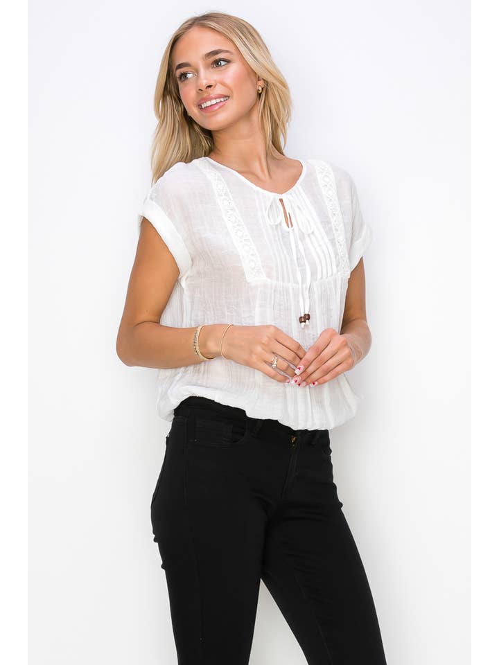 Ivory Keyhole Tie Neck Pintuck Front Peasant Blouse for wholesale on Faire