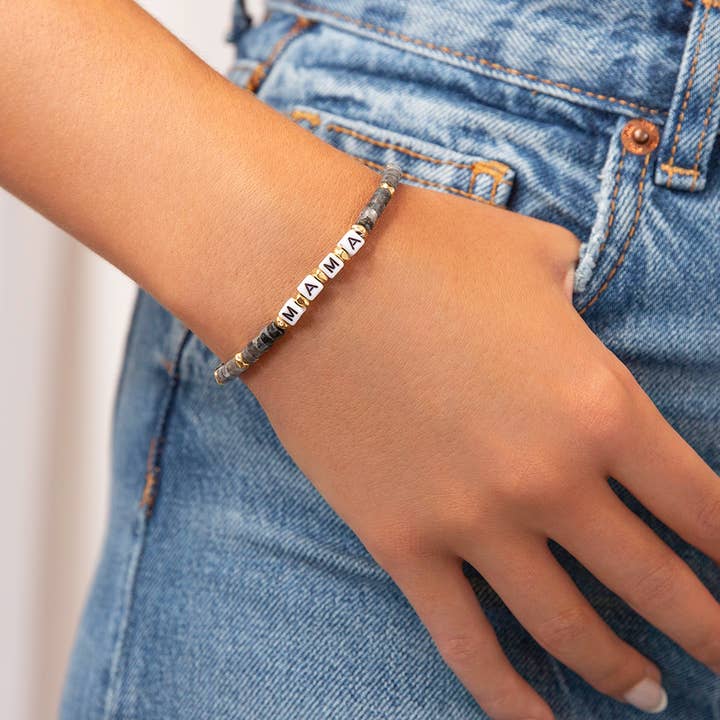 Marlyn Schiff - Wholesale Beaded Bracelet - natural stone stretch bracelet with beaded MAMA blocks
