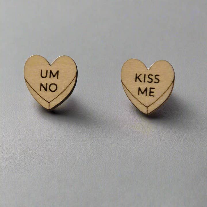 Handmade Wooden Heart Stud Earrings – Valentine’s “Hug Me” Candy Design for wholesale by Bead And Beam