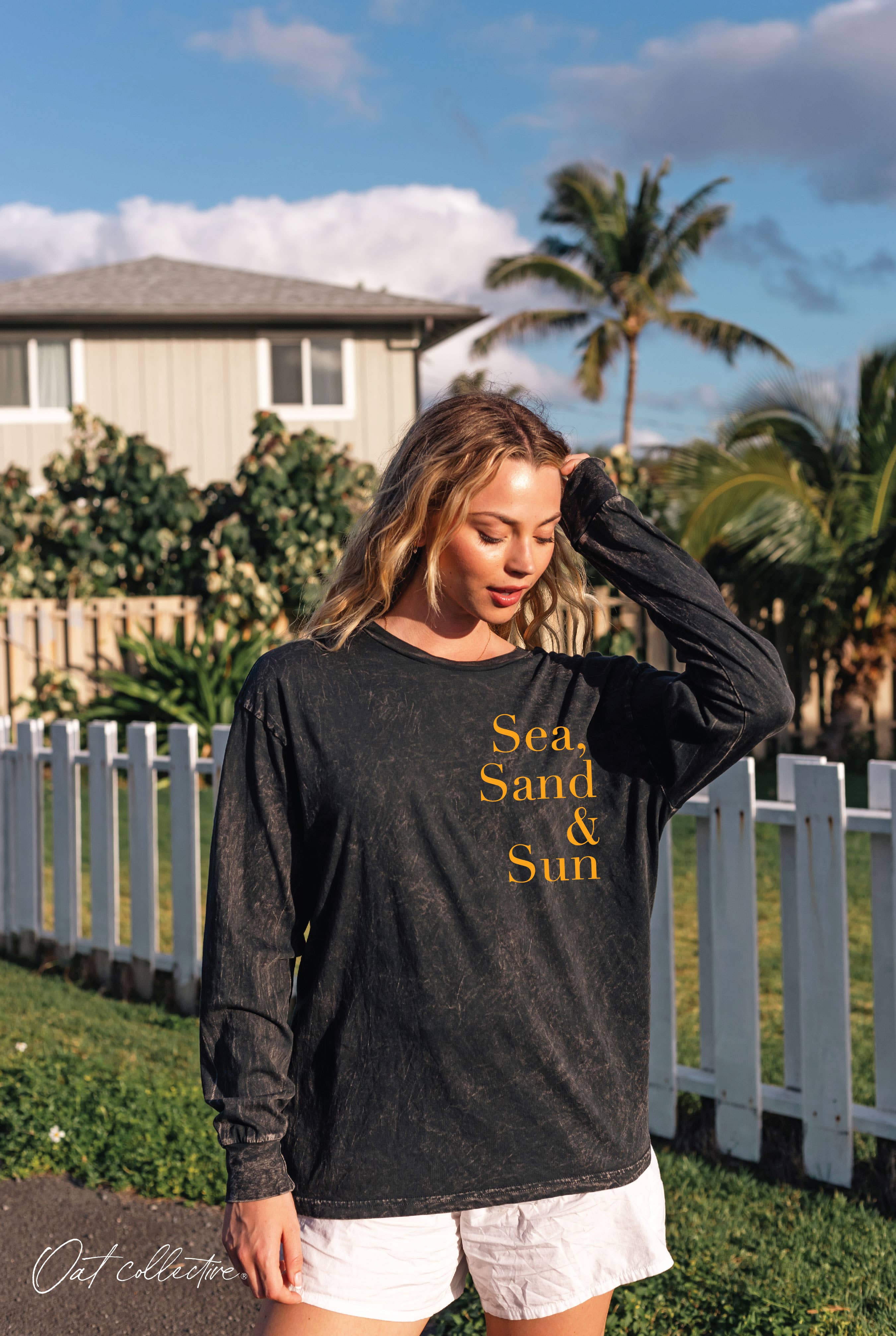 OAT COLLECTIVE - Wholesale Screen Printed T-Shirt - Women's - SEA, SAND AND SUN Mineral Washed Long Sleeve Graphic1