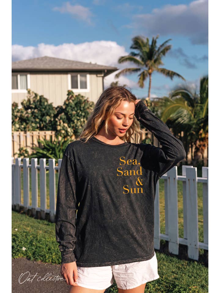 OAT COLLECTIVE - Wholesale Screen Printed T-Shirt - Women's - SEA, SAND AND SUN Mineral Washed Long Sleeve Graphic1
