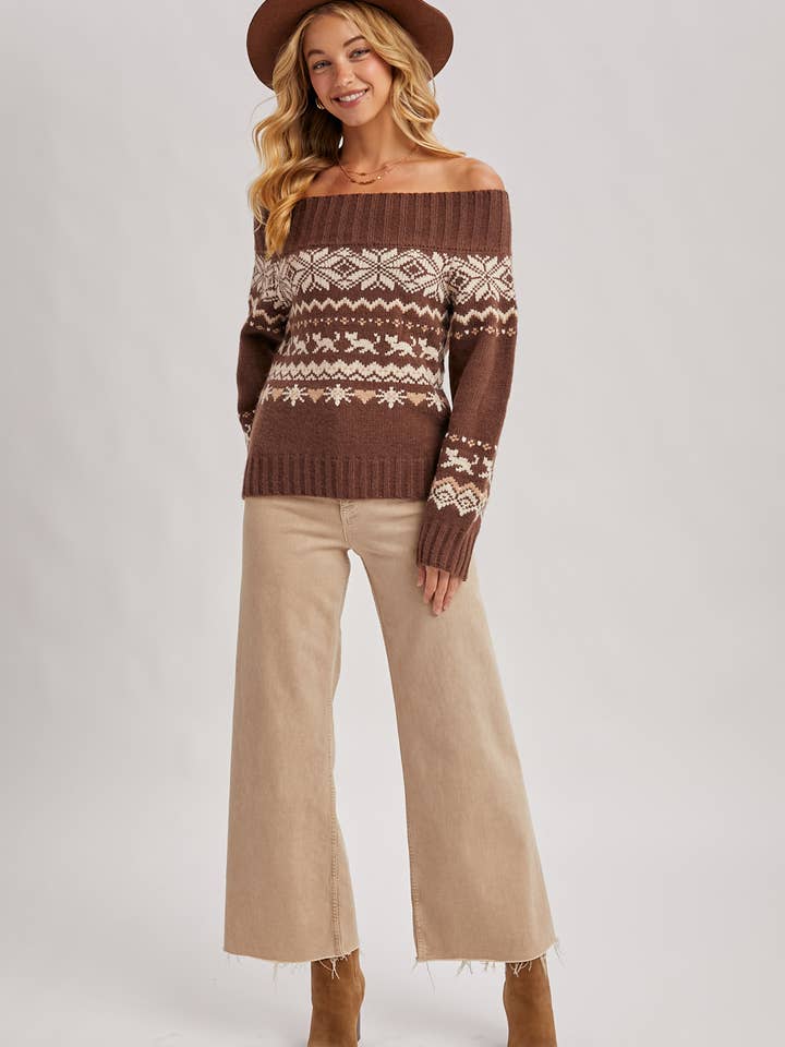 Bluivy - Wholesale Knit Sweater - Women's - FAIR ISLE OFF SHOULDER KNIT SWEATER - HOLIDAY8