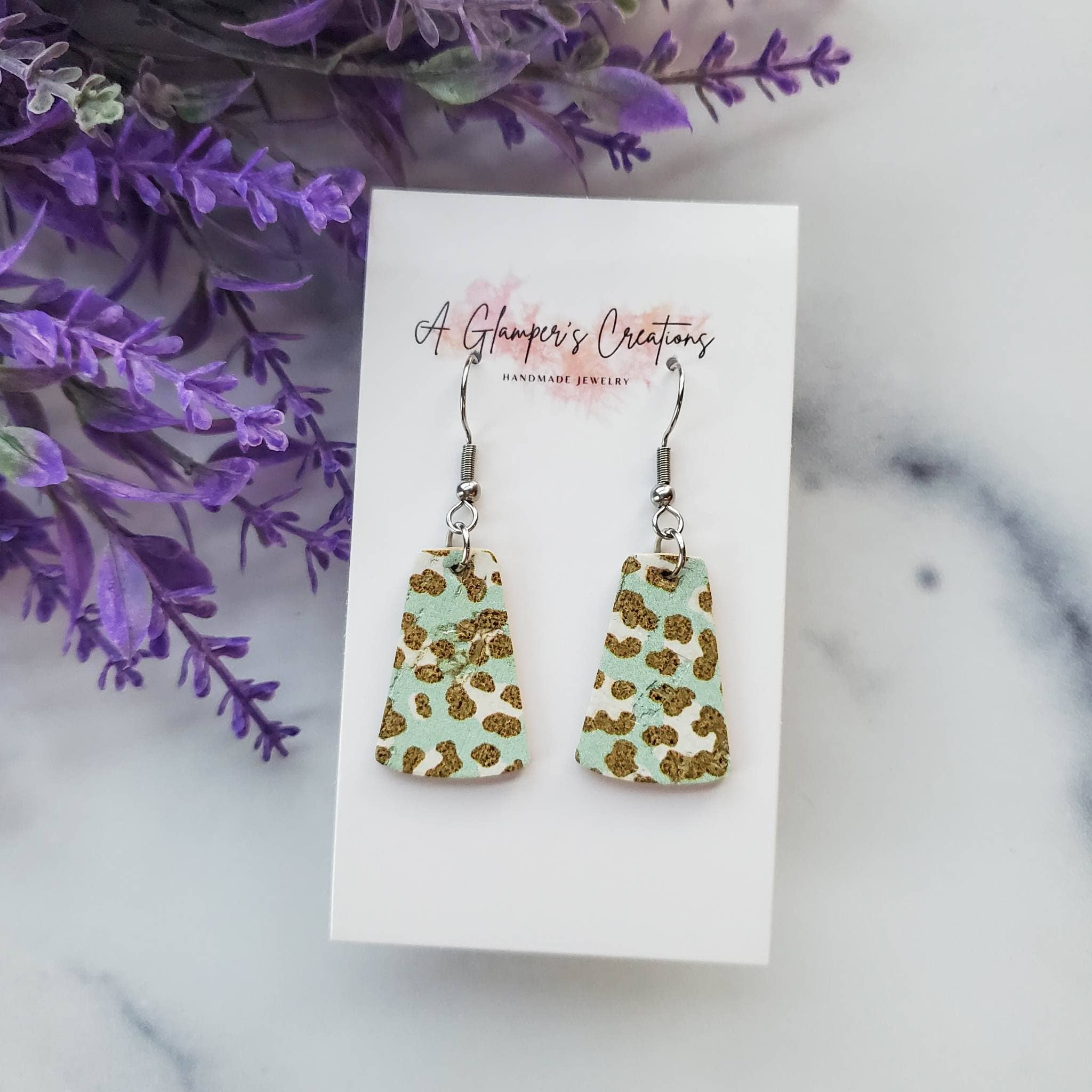 A Glamper's Creations LLC - Wholesale Dangle Earrings - Mint Leopard Dangle Leather Earrings