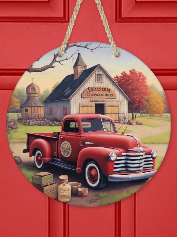 Fall Decor Red Truck Fall Trees Door Hanger for wholesale by Cali Boutique Wholesale
