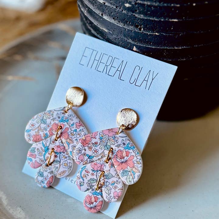 Ethereal Clay - Wholesale Dangle Earrings - Floral Three Tiered Clay Earrings, Spring Floral Print0