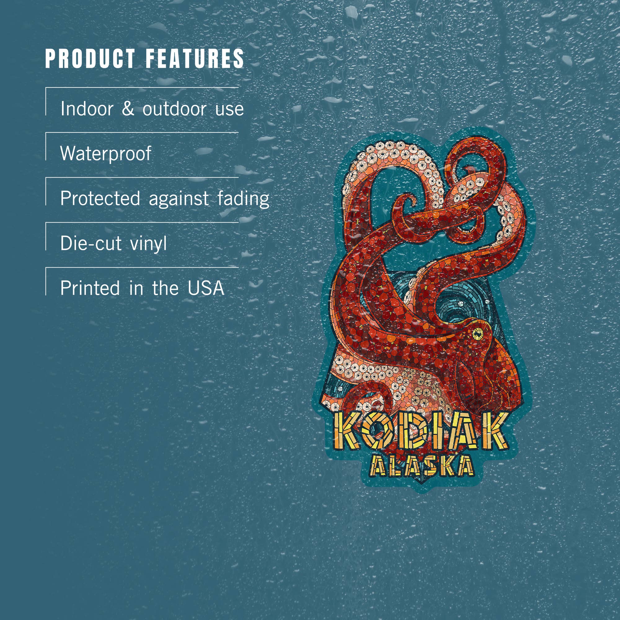 Lantern Press - Wholesale Sticker - Vinyl Sticker Kodiak, Alaska, Octopus Mosaic3