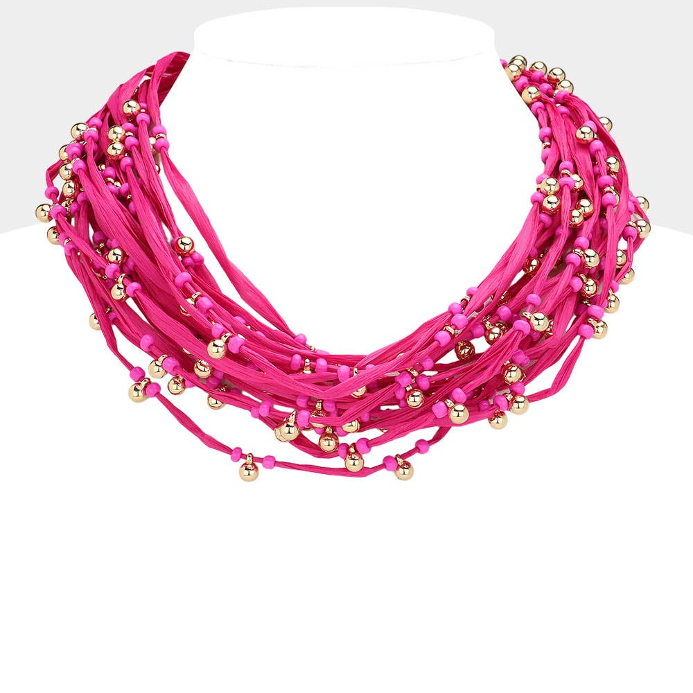 Sensibling Corp. - Wholesale Bib Necklace - Metal Ball Beads Pointed Raffia Thread Multi Layered Necklace4