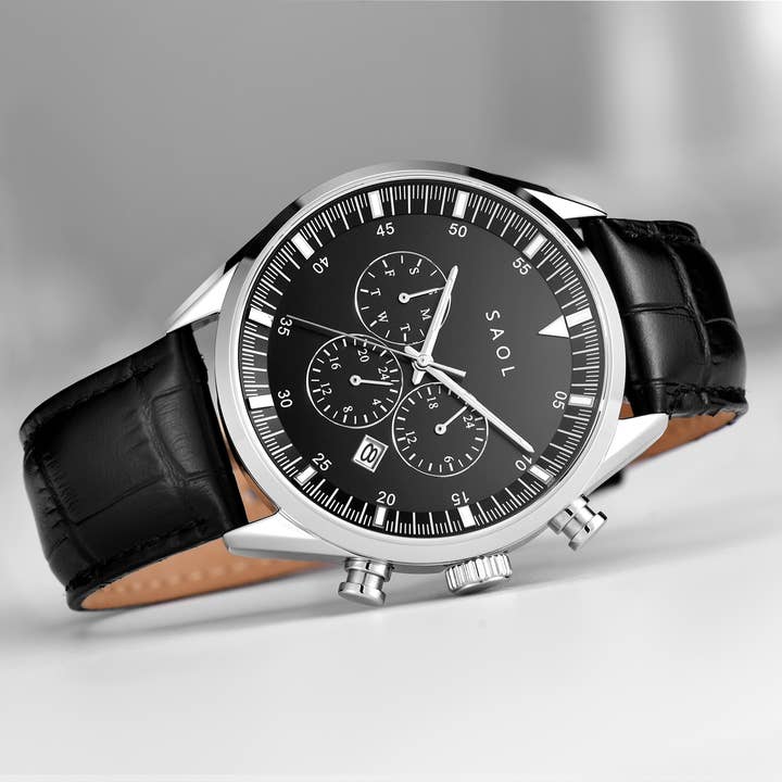 SAOL Watches - Wholesale Wrist Watch - Men's - Chronograph 43 - Men's Luxury Watch - Silver | Black w/blck leather