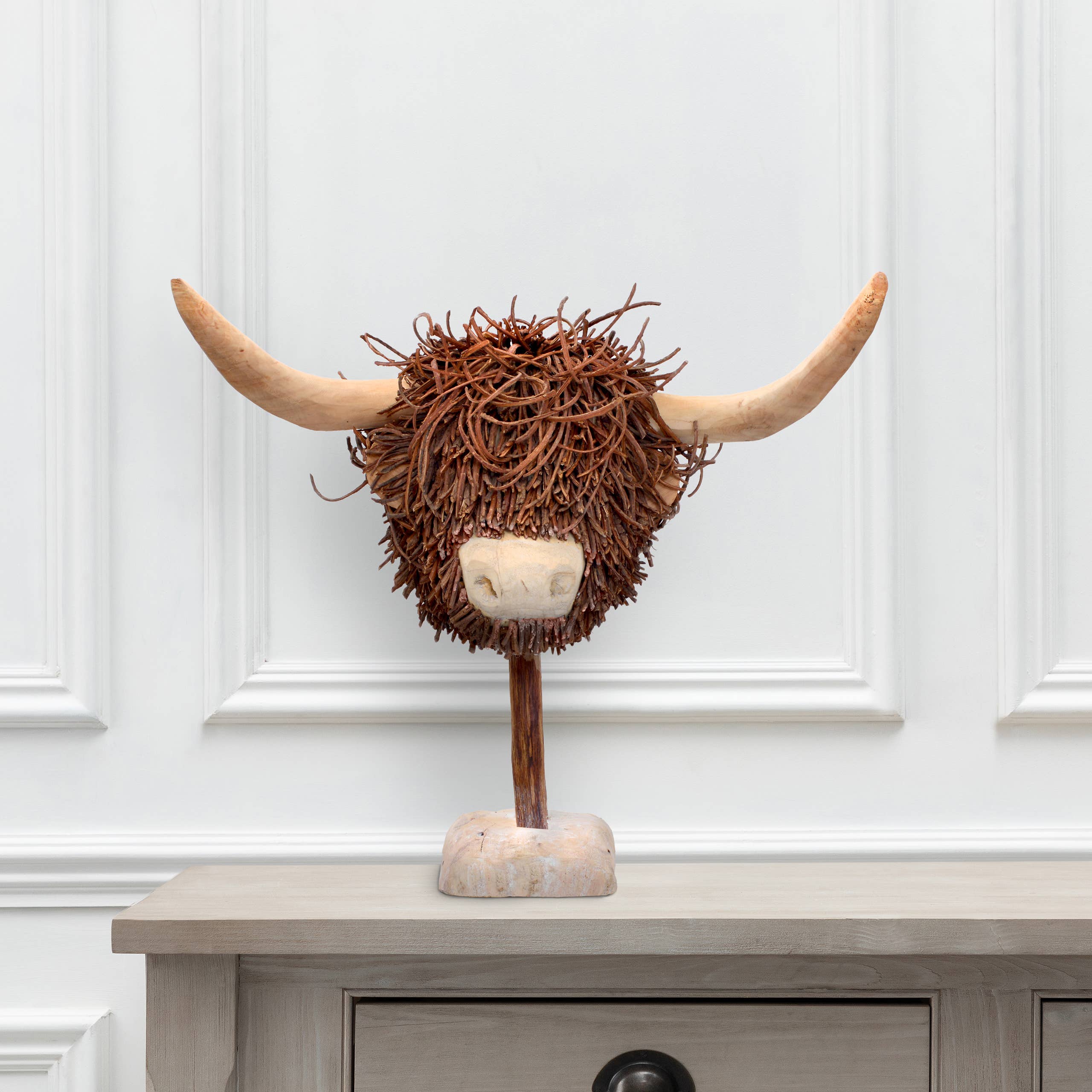 Hewie Highland Cow Hand Crafted Wooden Sculpture Brown for wholesale on Faire1