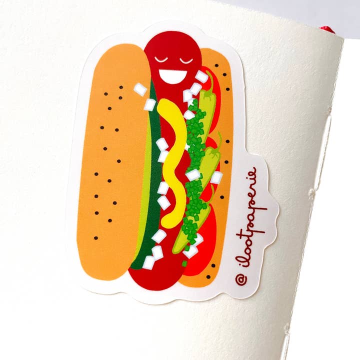 Chicago Hot Dog Matte Vinyl Sticker for wholesale by ILOOTPAPERIE