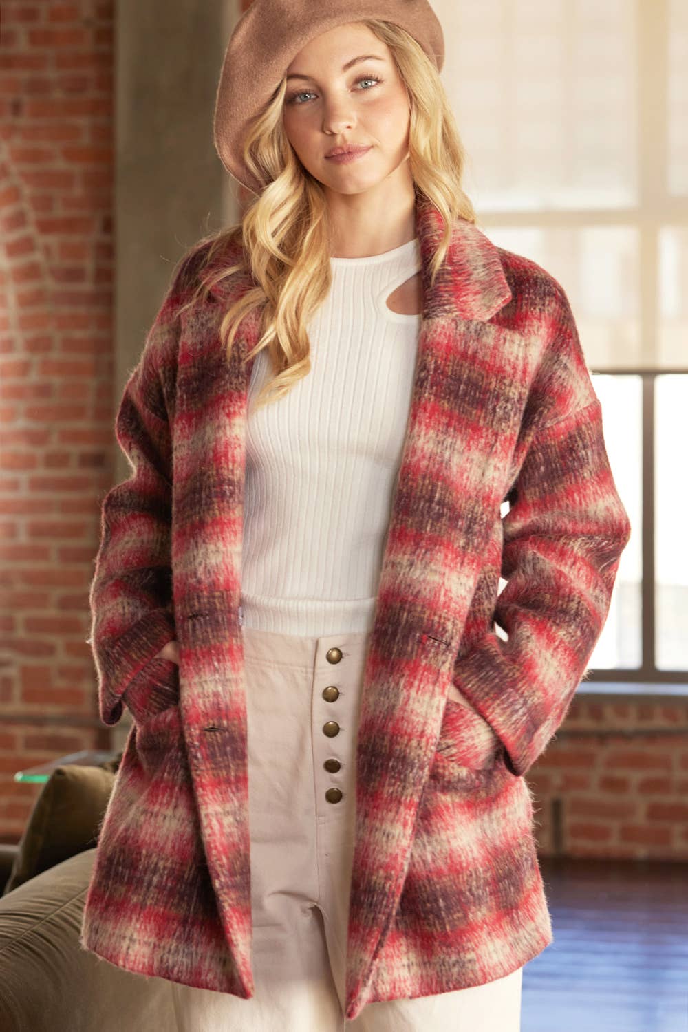 Bluivy - Wholesale Coat - Women's - DOUBLE BREASTED BRUSHED PLAID SHACKET13