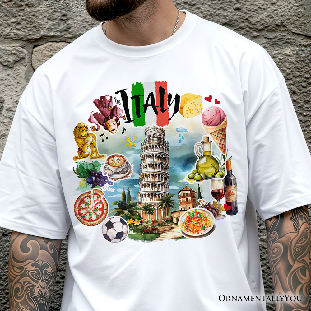 Vit Konstnärlig Italien Landmärken T-shirt, Italiensk T-shirt och Souvenir för wholesale på Faire1