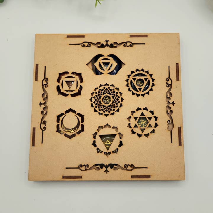 Meraki Gemstones – wholesale Spiritual stone/crystal – 7 Chakra Crystal Set, Heart Shape Stones-Chakra Symbols Box2