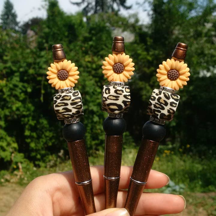 Sunflower Leopard Print Beaded Pen for wholesale by Amy Designs