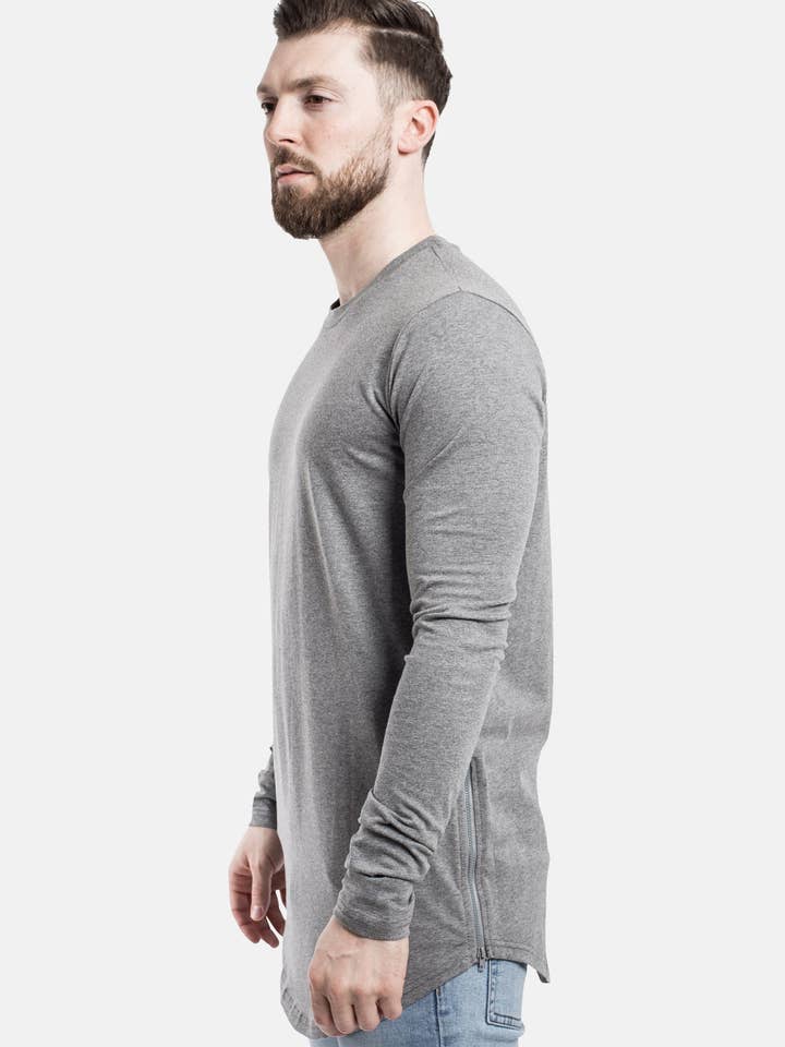 Blackskies - Wholesale T-Shirt - Men's - Seitlicher Reißverschluss Langarm Longline T-Shirt Silber Grau1