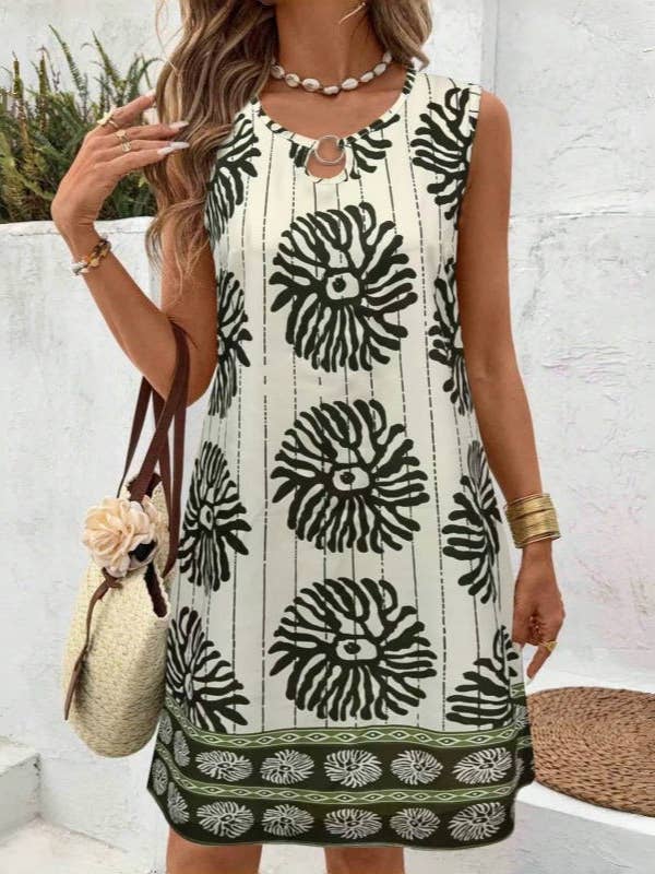 Fashion Printed Casual Beach Crew Neck Sleeveless Dress for wholesale by Rosa Clothing