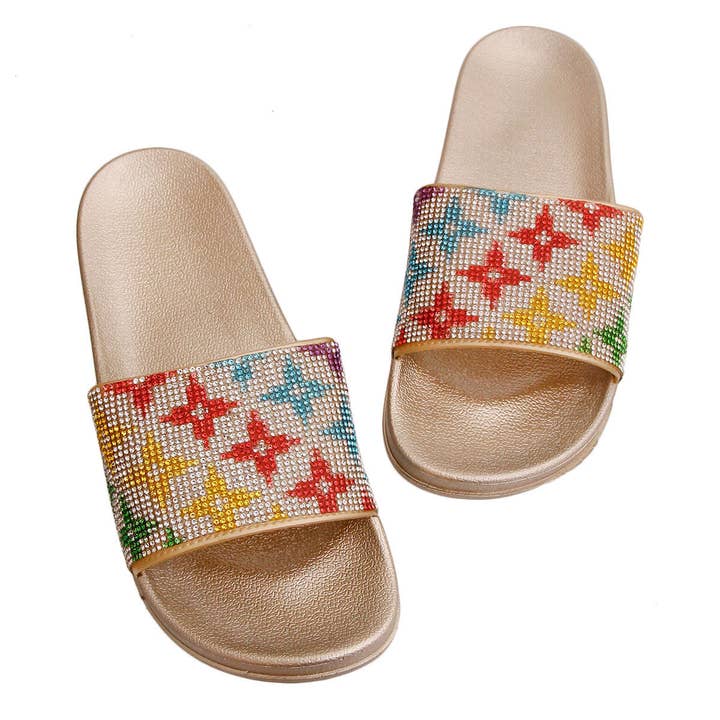 Multi Color Size 12 Star Flower Gold Slides|Size 12 for wholesale on Faire1