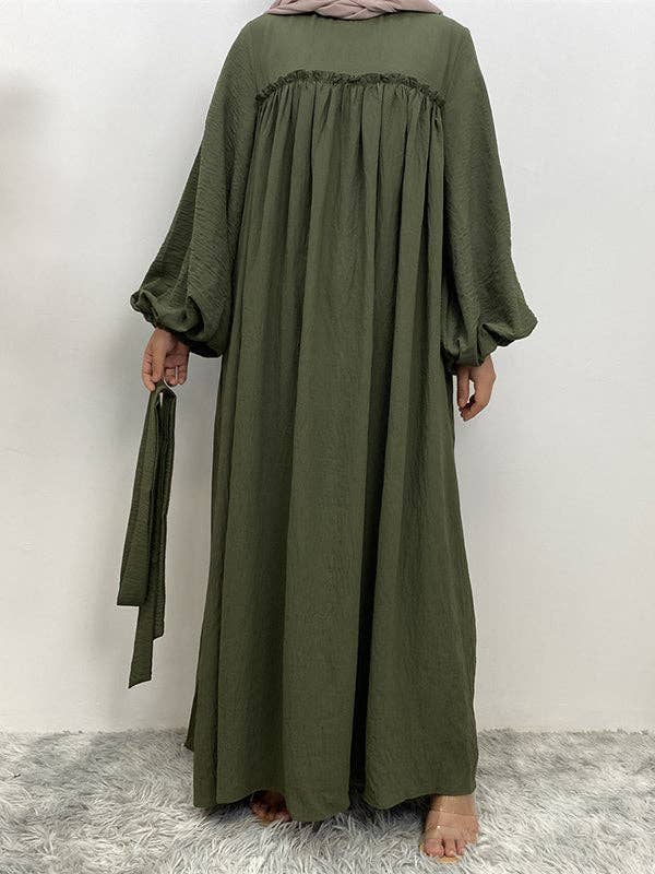 StyleGalX - Wholesale Jurk - Dames - Elasticiteit met lange mouwen en bisschopmouwen, geplooide, effen kleur, gespleten taille, ronde hals, maxi-jurken3