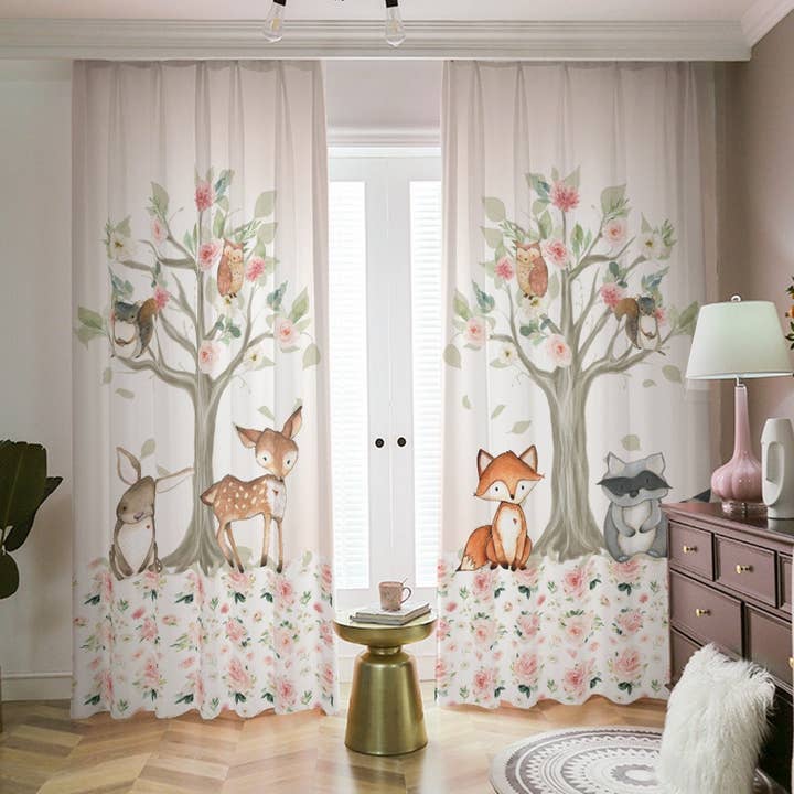 Blush Florals with Woodland Animals Blackout Curtains for wholesale by Empowering Decor