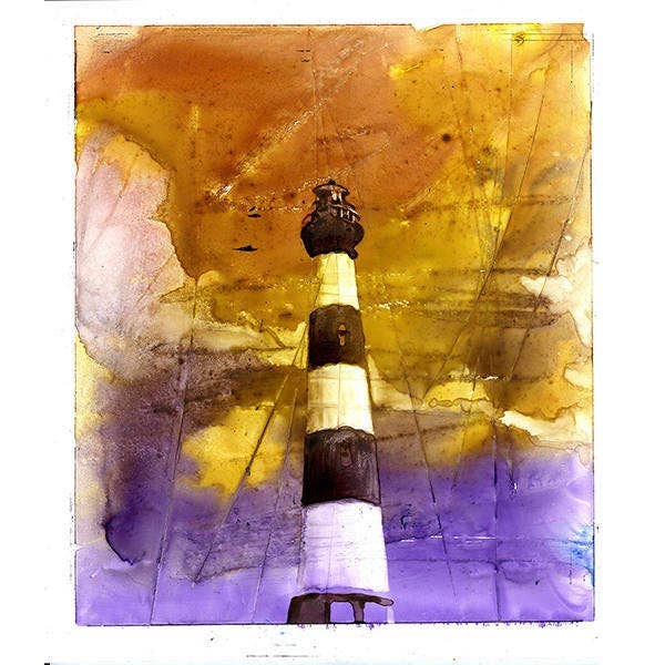 Arte farol, pintura a aguarela do farol da Bodie Island ao pôr do sol nos bancos exteriores (OBX) da Carolina do Norte-USA do farol da Bodie Island (impressão) por atacado de Ryan Fox Fine Art