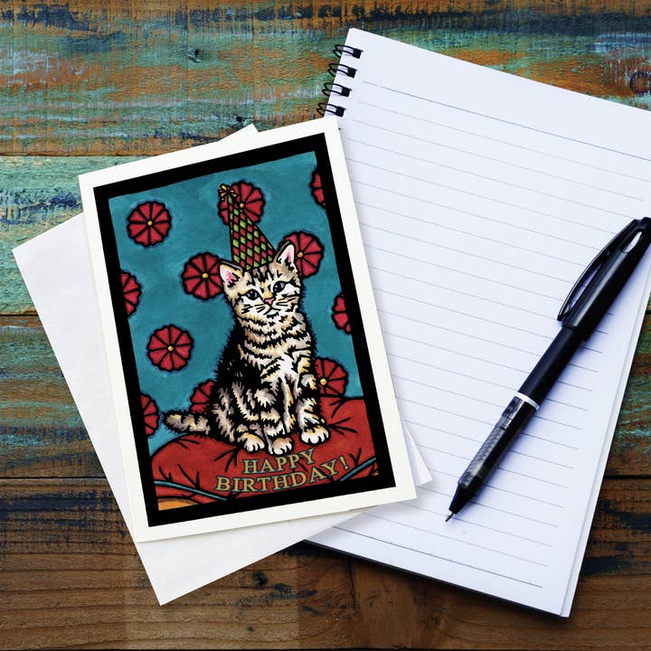 Greeting Card Birthday Kitten for wholesale by Sarah Angst Art