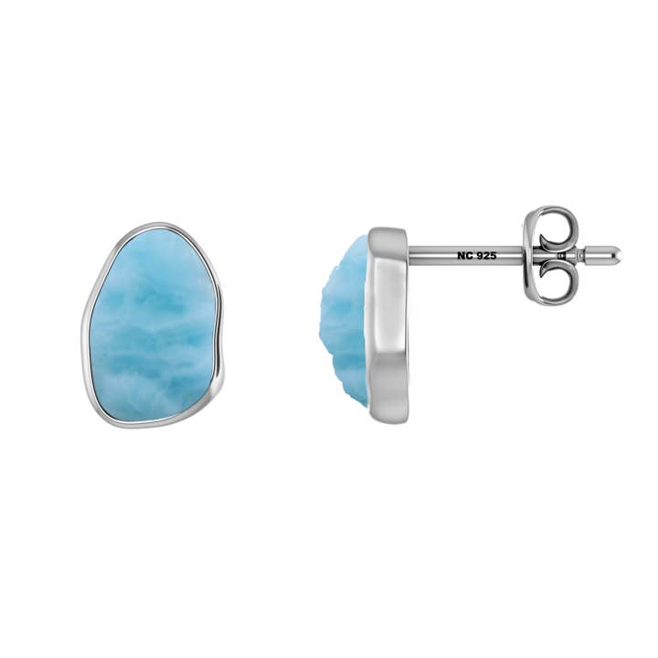 Nature Crafts - Wholesale Stud/Post Earrings - Natural Rough Larimar Stud Earrings in Sterling Silver2