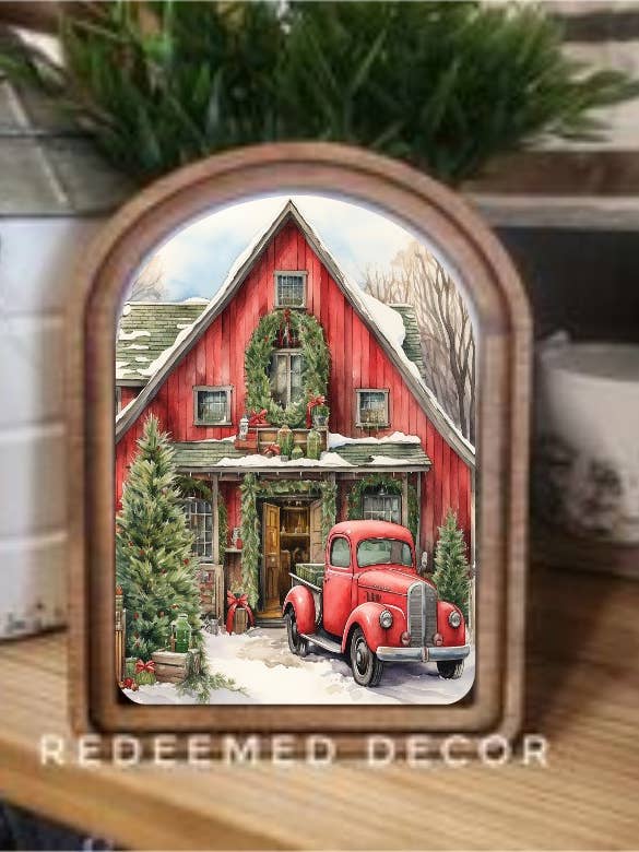 Arch Top Red Christmas Barn Framed Art for wholesale by Redeemed Decor