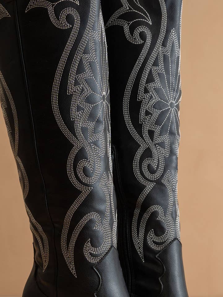 The Astrid Black | Knee High Embroidered Cowboy Western Boot for wholesale on Faire