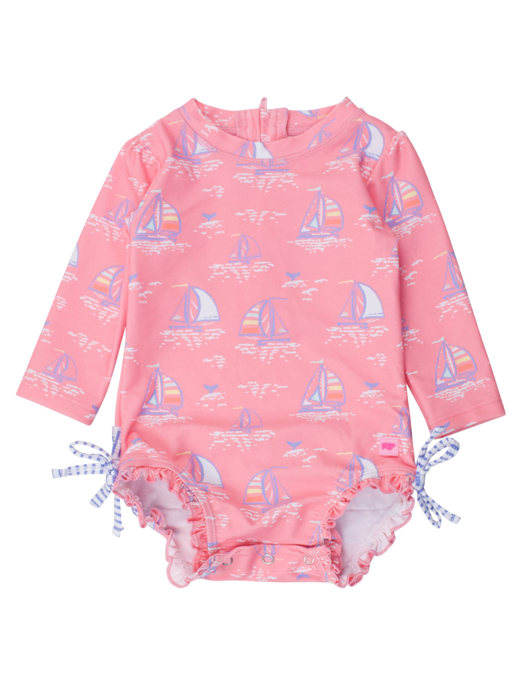 Baby Girls Pink Seas the Day Long Sleeve One Piece Rash Guard Swimsuit with Signature Rear Ruffles for wholesale on Faire0