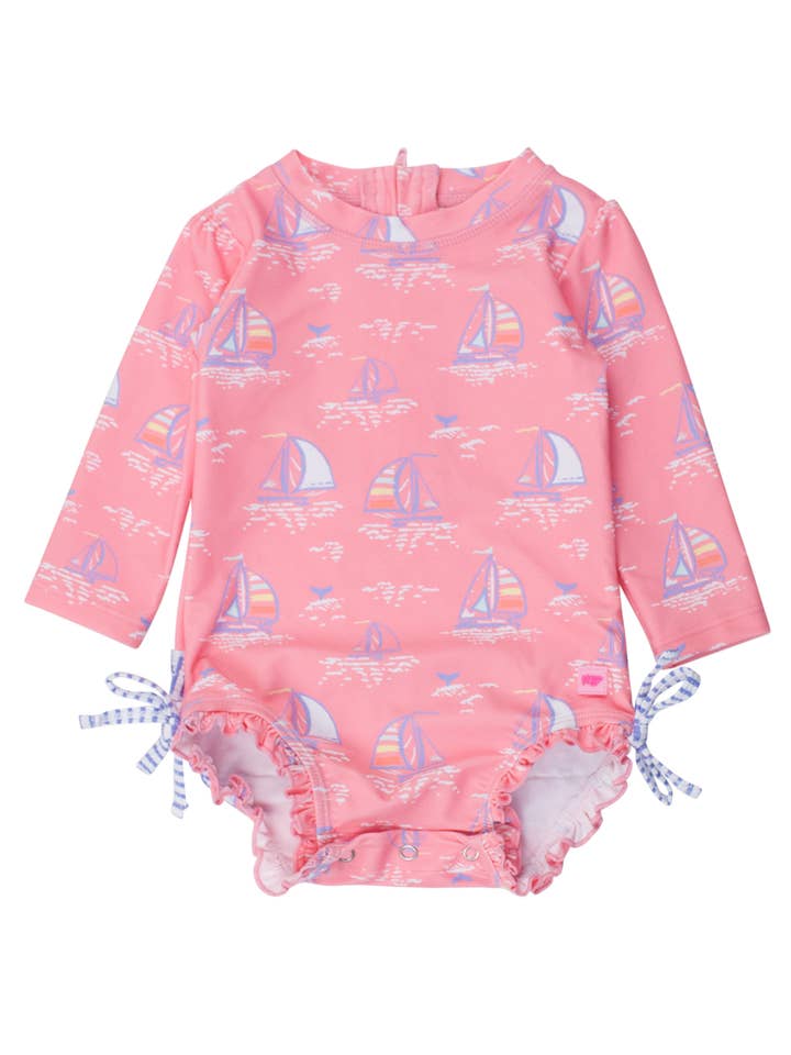 Baby Girls Pink Seas the Day Long Sleeve One Piece Rash Guard Swimsuit with Signature Rear Ruffles
for wholesale on Faire