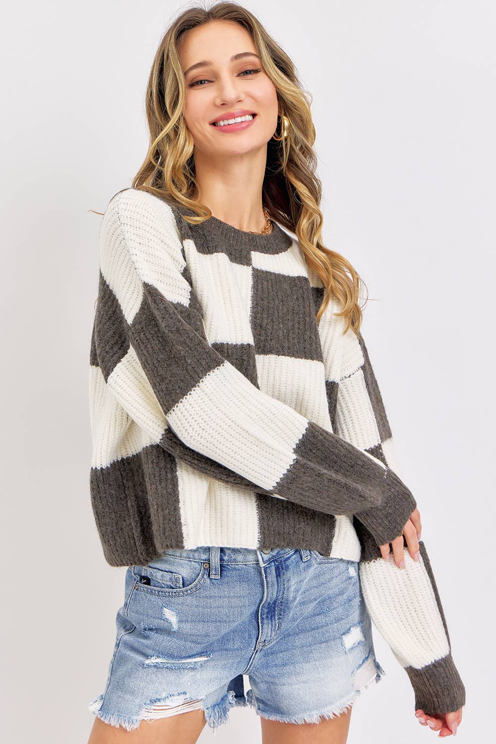 Sweet Lovely by Jen - Wholesale Knit Sweater - Women's - CASUAL SOFT COZY  RELAXED FIT CHECKER KNIT SWEATER36