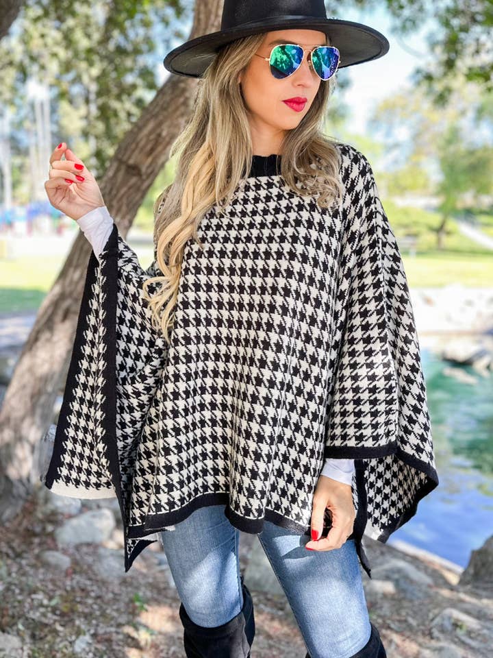 Classic Black and White Houndstooth Knit Poncho for wholesale on Faire0
