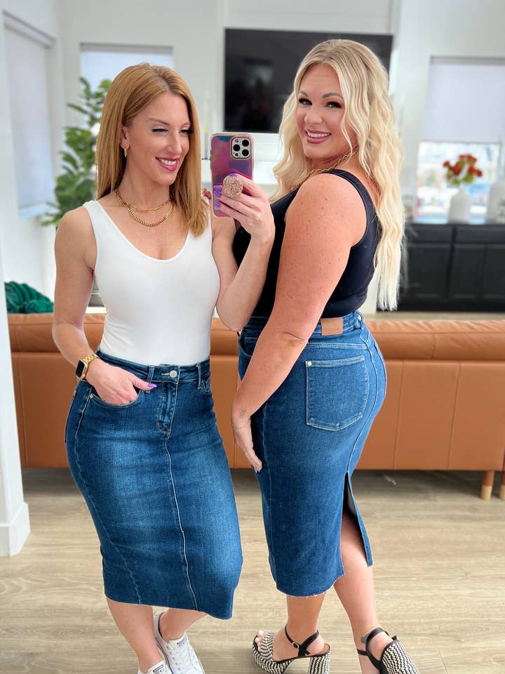 Marcy High Rise Denim Midi Skirt for wholesale by Simple Blessings Boutique