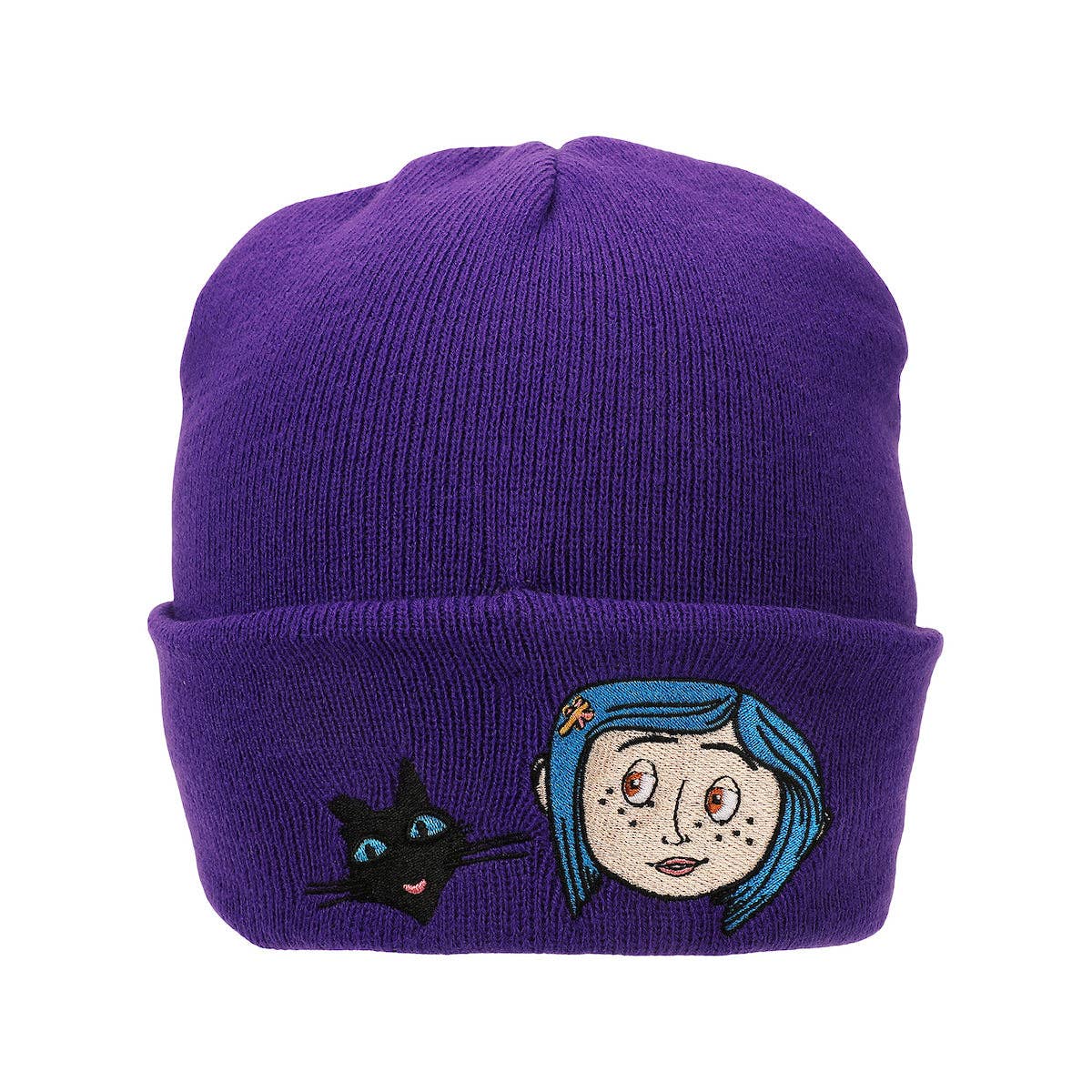 Bioworld Merchandising - Wholesale Beanie - Unisex - Coraline & Black Cat Character Art Purple Cuff Beanie
