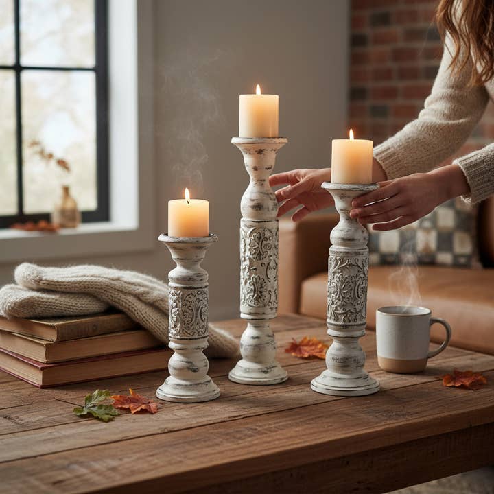 Set of 3 Sissinghurst Wood Pillar Candle Holder for wholesale by Wilco Home