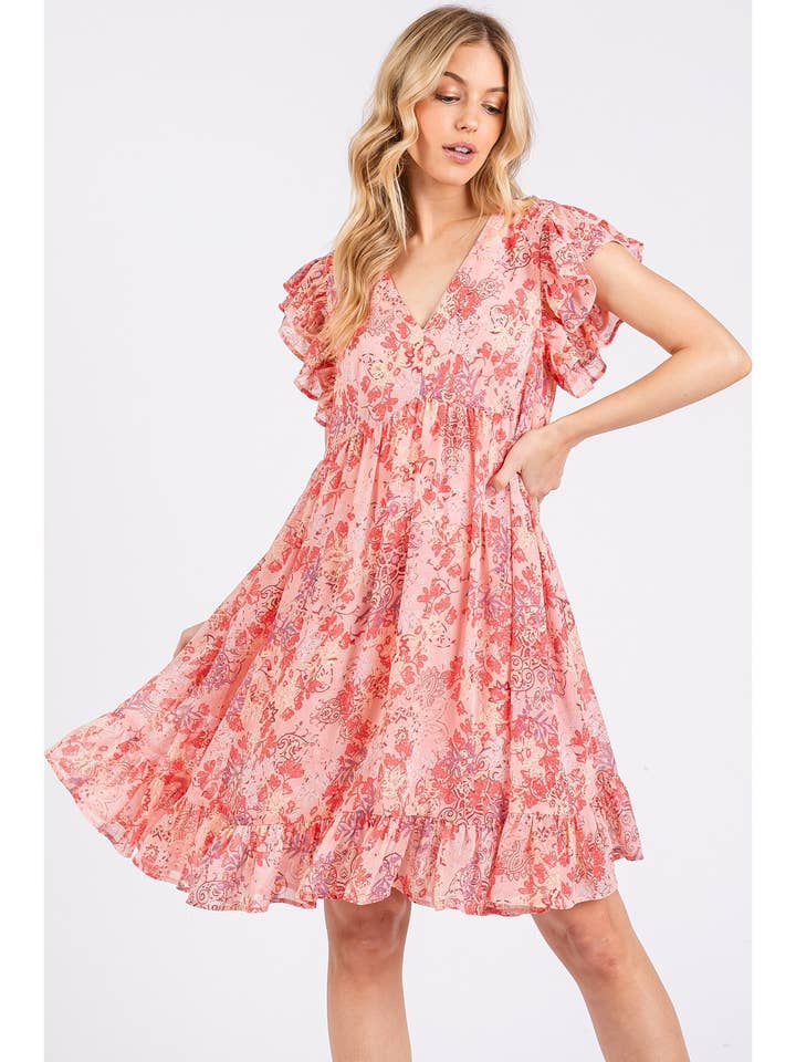 FLORAL CHIFFON RUFFLE SHORT SLEEVE MINI DRESS for wholesale by mittoshop
