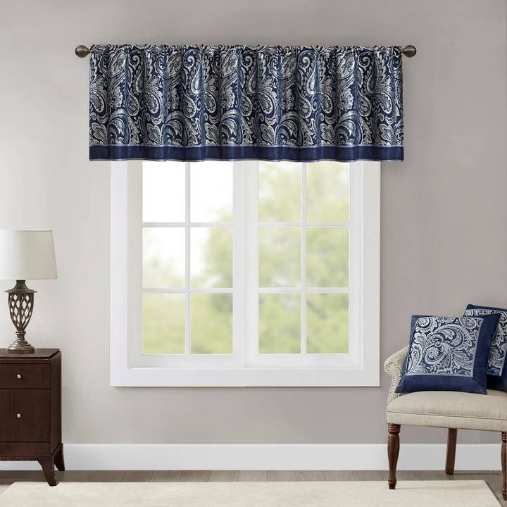Traditional Paisley Window Valance, Navy Blue for wholesale by Olliix