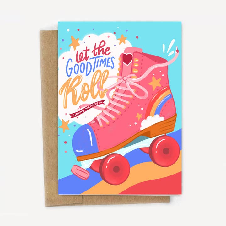Laissez les bons temps rouler Carte d'anniversaire de patin à roulettes pour la vente par A Fink & Ink