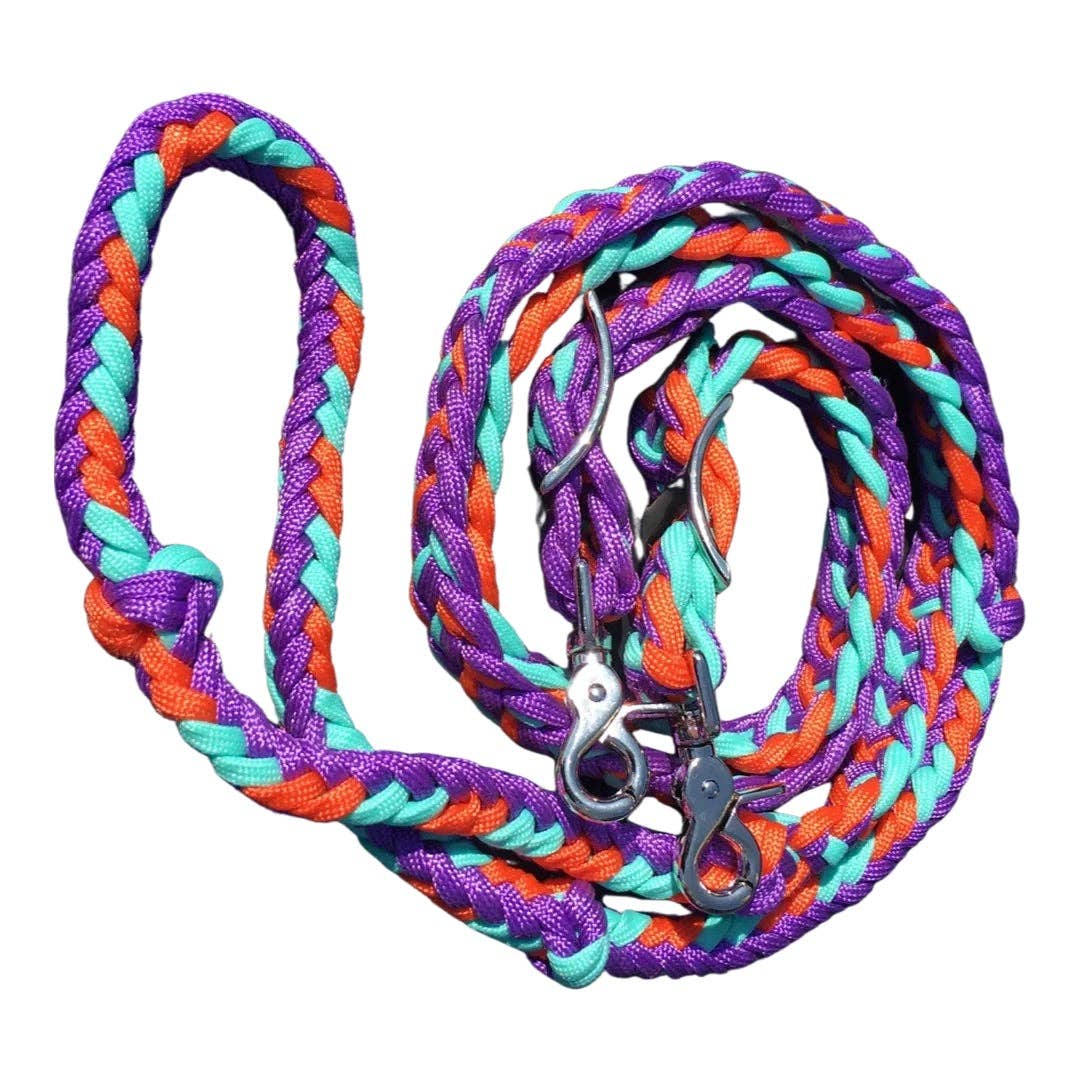 Smart Horse Gear – wholesale Horseback riding gear – Braided Barrel / Roping Reins 8 ft with 2 Nickel Plated Scissor Snaps Multi Tone Colors10