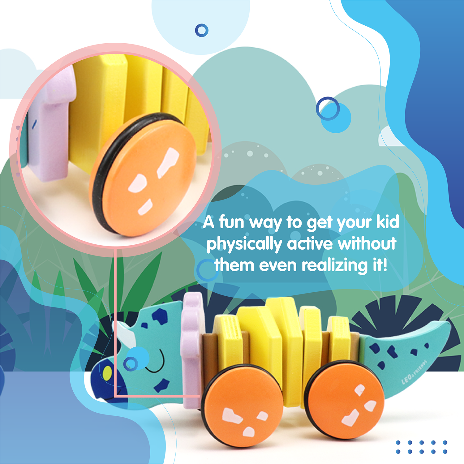 Leo & Friends - Wholesale Wood Toy - Kids - Leo & Friends Pull Along Walking Triceratops Wooden Toy12