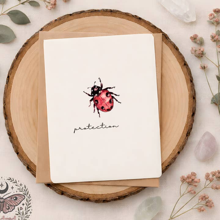 Protection Ladybug Greeting Card | Symbol of Safety & Good Fortune | Nature-Inspired Intentional Card | 5x7 Art Card for wholesale by Doroh's Kindred Soul and Sage