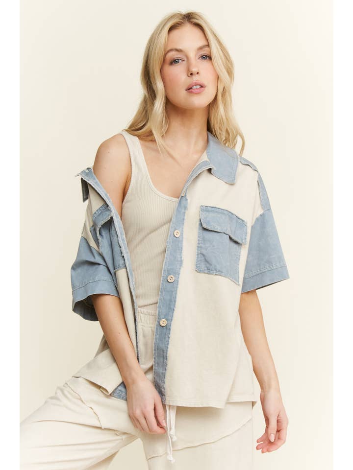 J.Her - Vendita all'ingrosso Giacca a camicia - Donna - Shacket con toppa sul retro a fiori lavato minerale HT64669