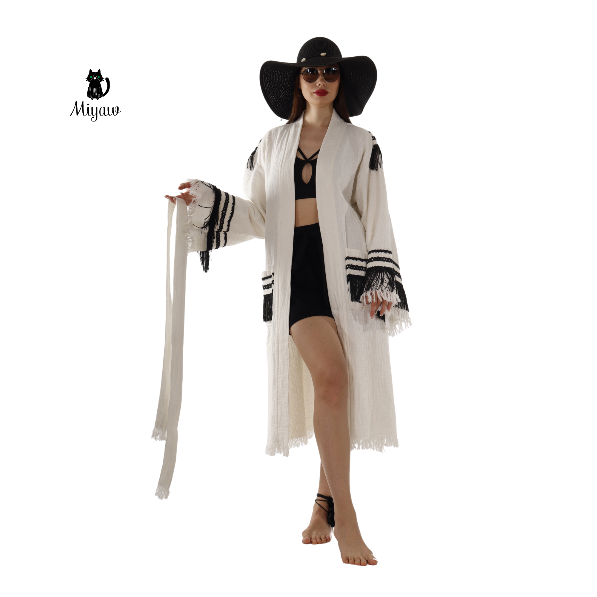 White Kimono Robe with Black Fringe – Boho Western Style for wholesale on Faire6