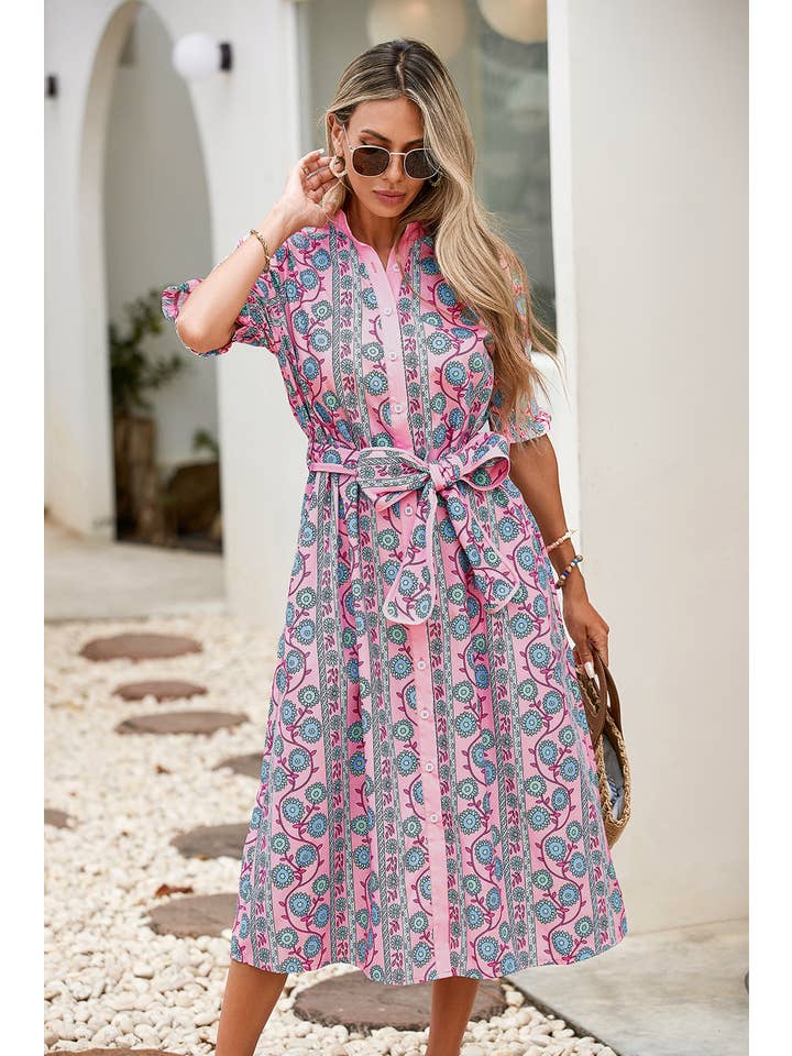 Pink LDC Floral Shirred Puff Sleeve Buttoned Front Midi Dress for wholesale on Faire