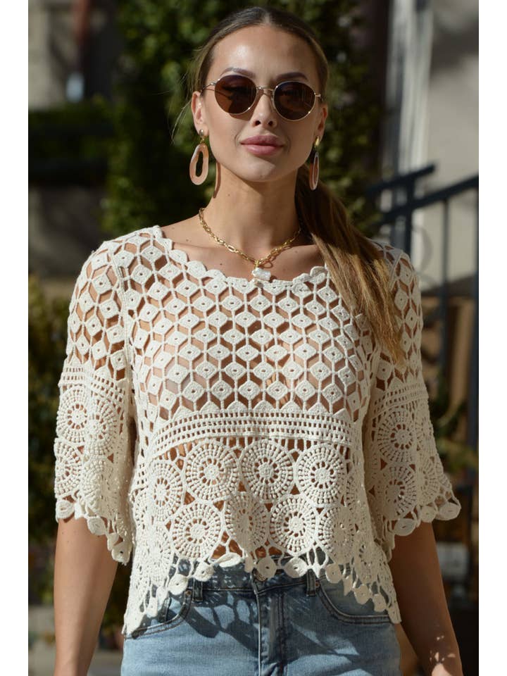 ESLEY - Wholesale Blouse - Women's - 54477TQLY- Lace Cutout Round Neck Half Sleeves Top2