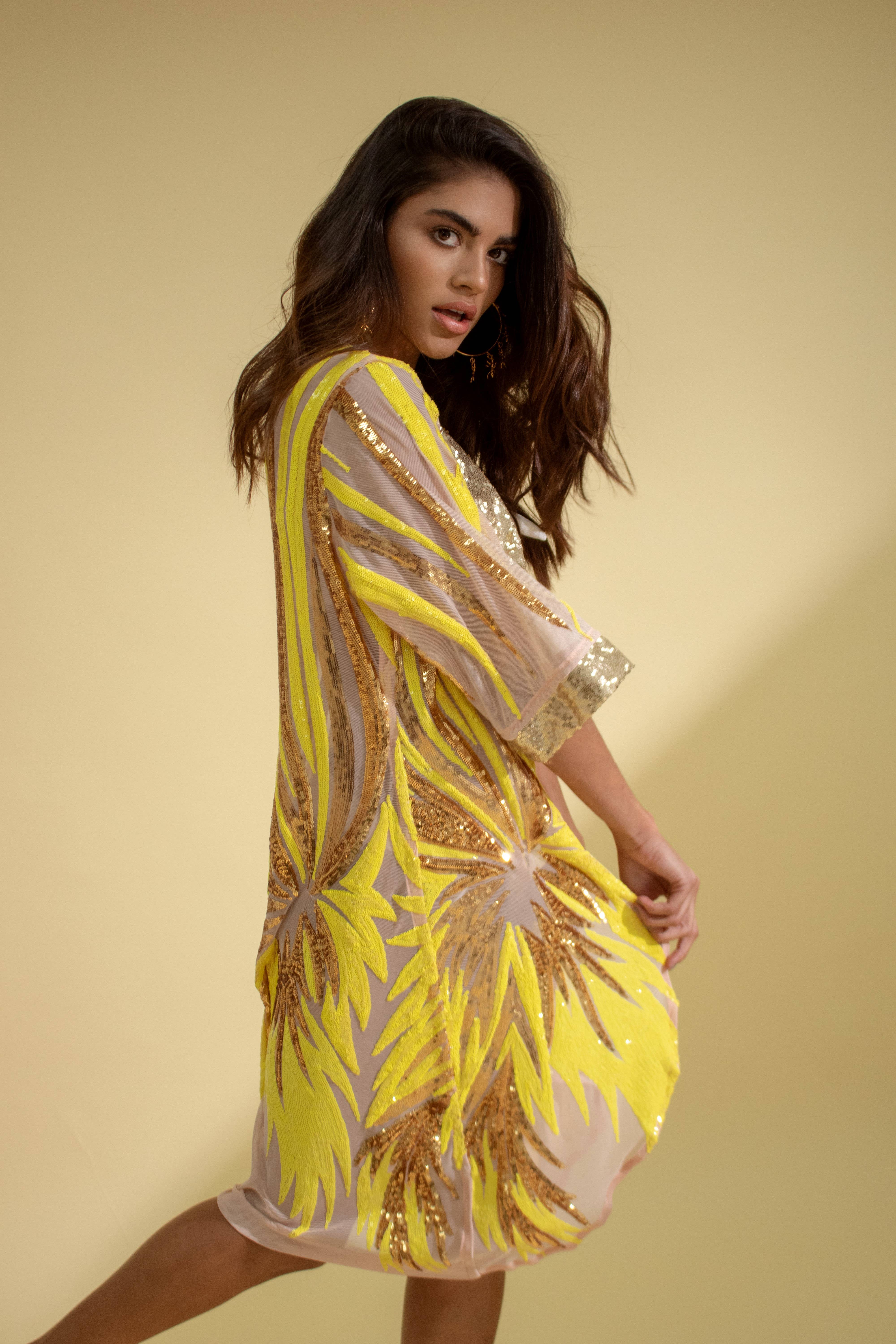 Festivo kimonos - Venta al por mayor Kimono - Mujer - Kimono de lentejuelas rosa y dorado - Chaqueta brillante - Cover Up4