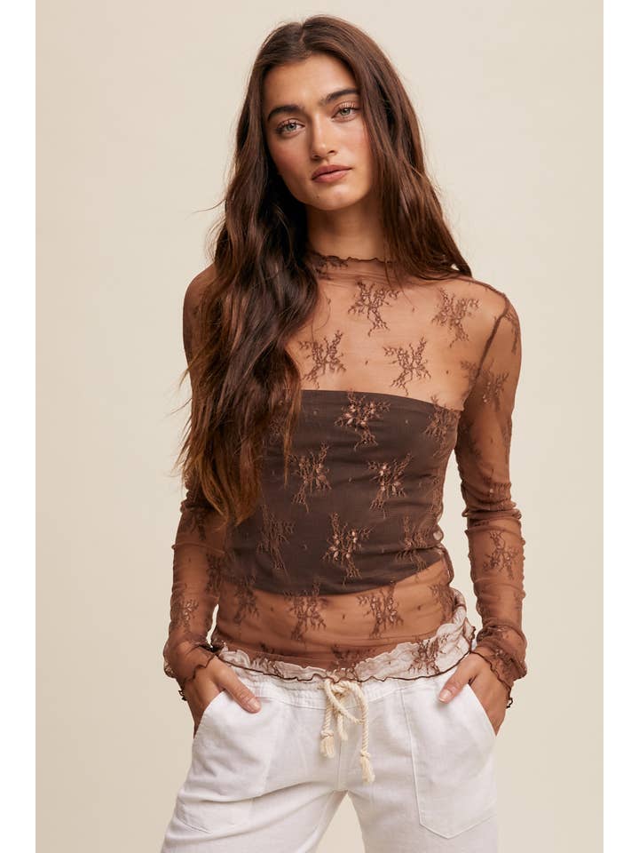 Listicle - Wholesale Blouse - Women's - Sheer Lace Long-Sleeve Top10