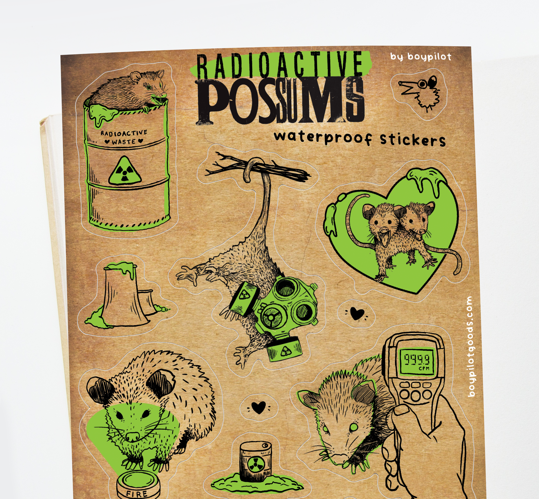 BoyPilot Goods - Wholesale Sticker - Radioactive Possums Sticker Sheet - Waterproof Vinyl0